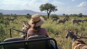 Tourists in a safari jeep